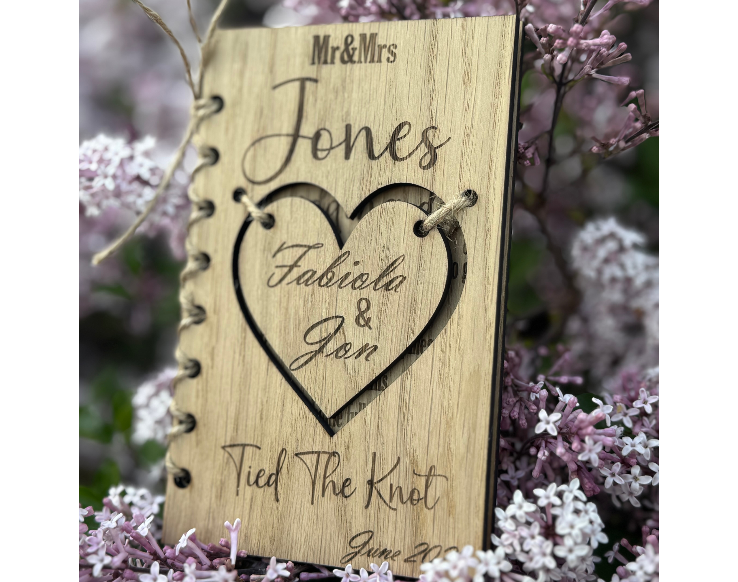 Personalised Wooden Mr & Mrs Wedding Card with Heart Cut-Out, Names and Date
