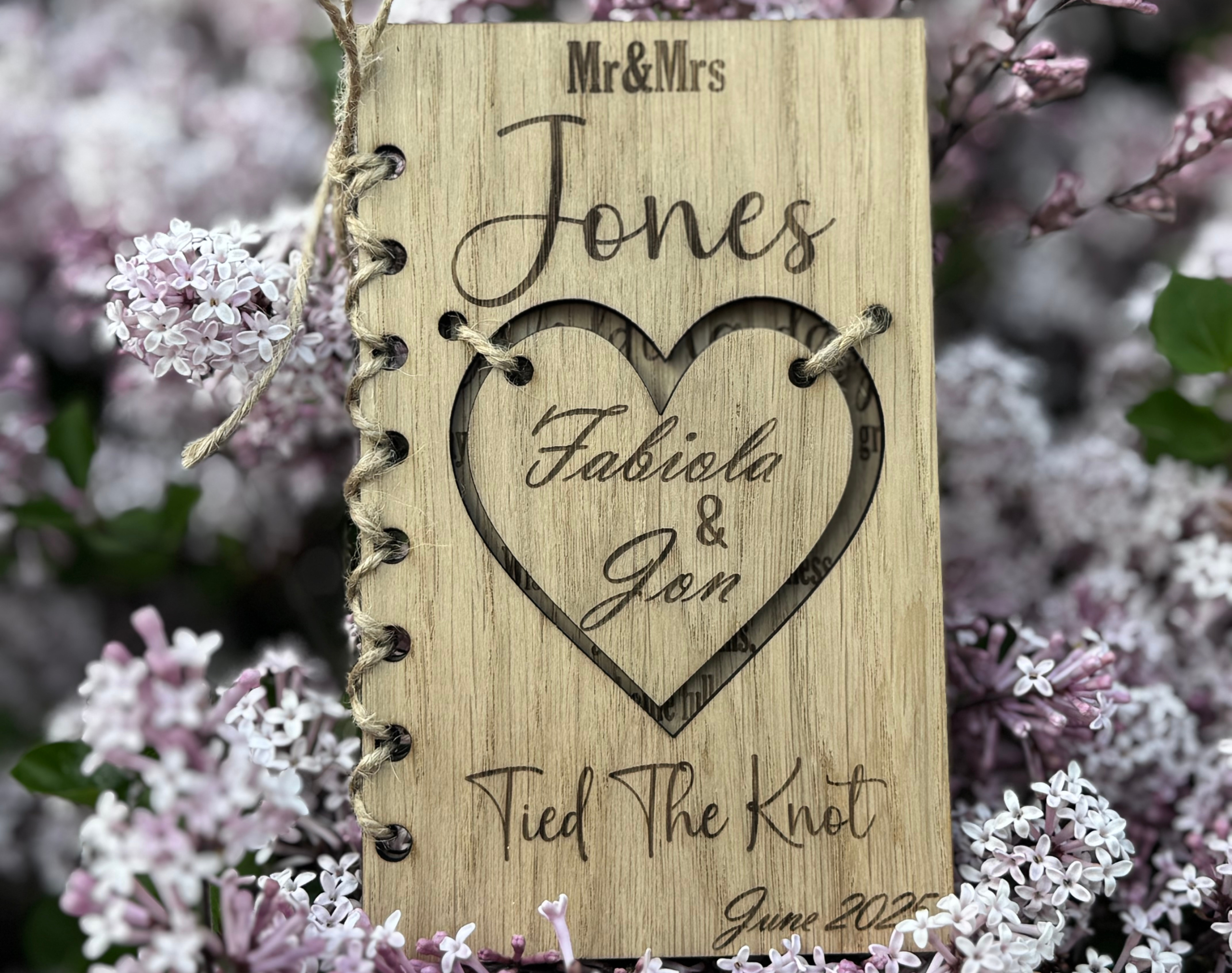 Personalised Wooden Mr & Mrs Wedding Card with Heart Cut-Out, Names and Date
