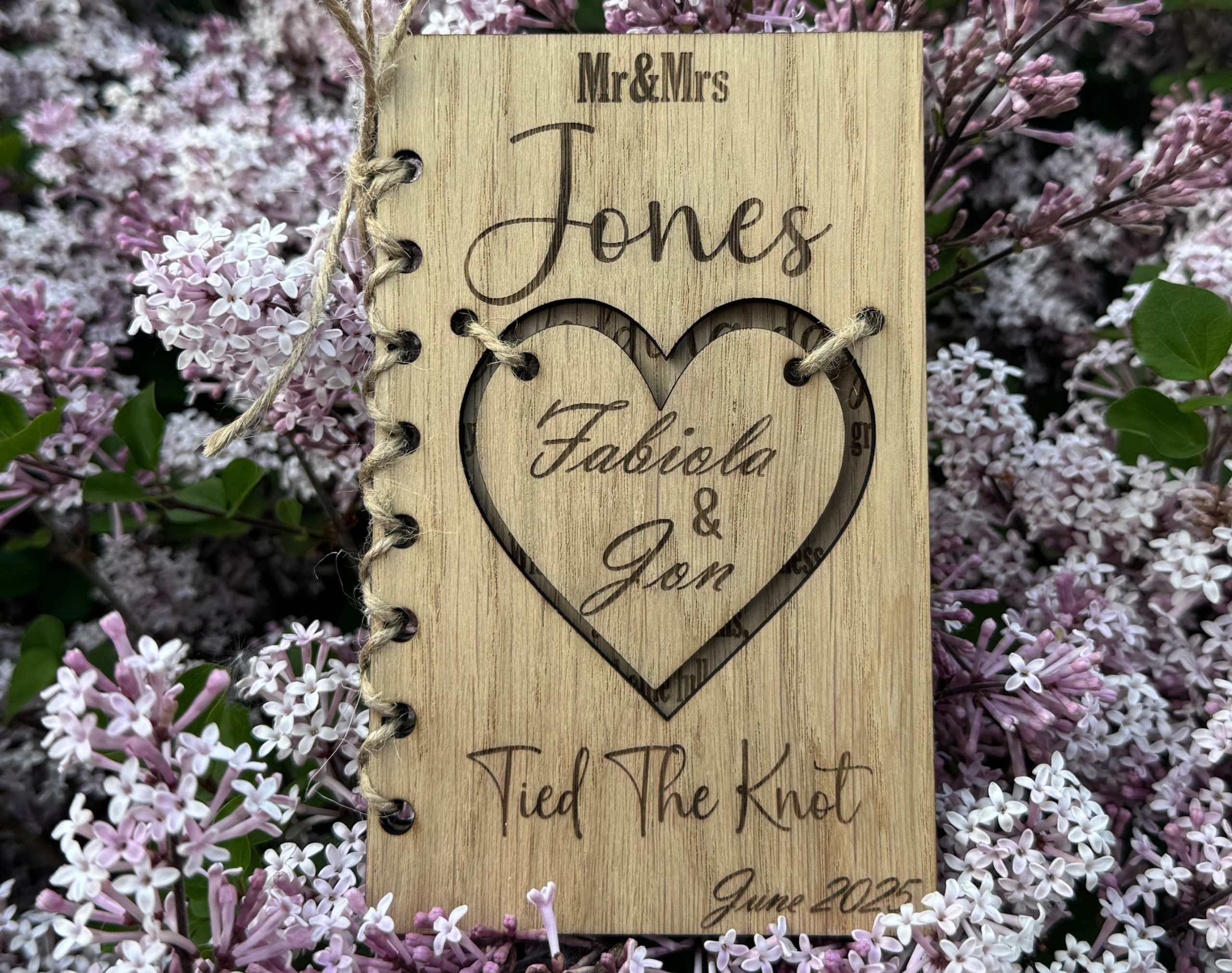 Personalised Wooden Mr & Mrs Wedding Card with Heart Cut-Out, Names and Date