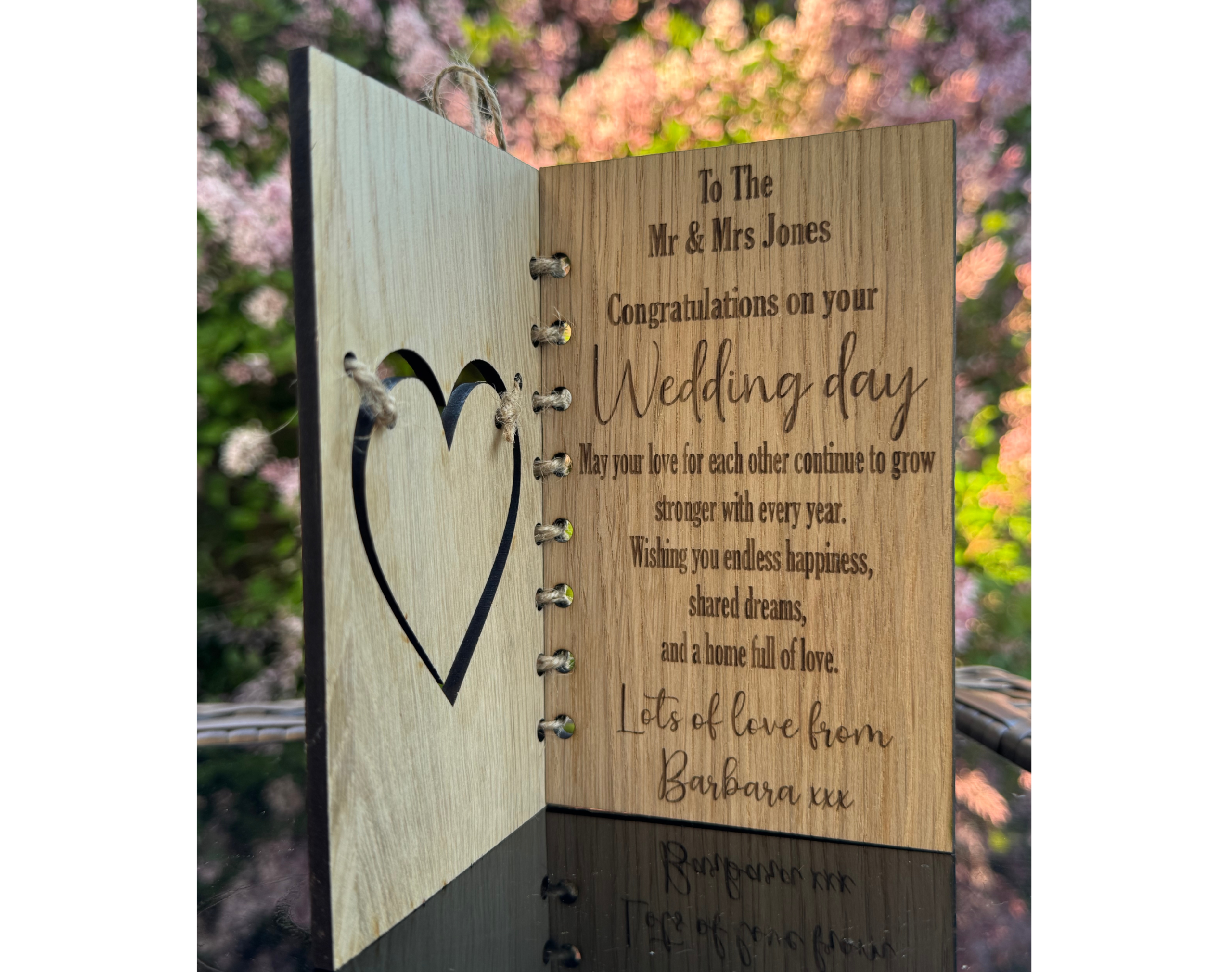 Personalised Wooden Mr & Mrs Wedding Card with Heart Cut-Out, Names and Date