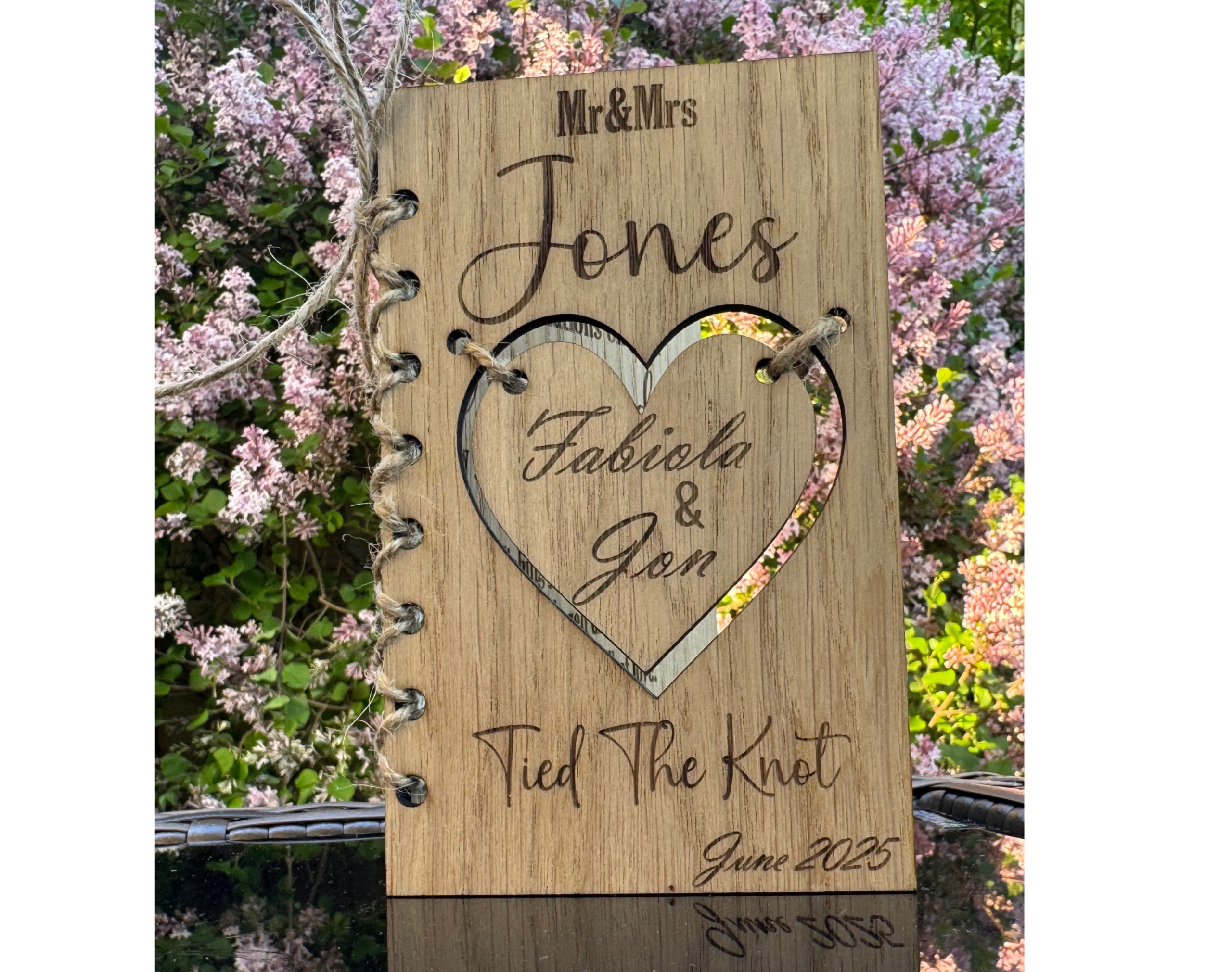 Personalised Wooden Mr & Mrs Wedding Card with Heart Cut-Out, Names and Date