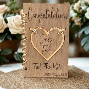 Personalised Wooden Wedding Congratulations Card with Heart Cut-Out and Couple's Names